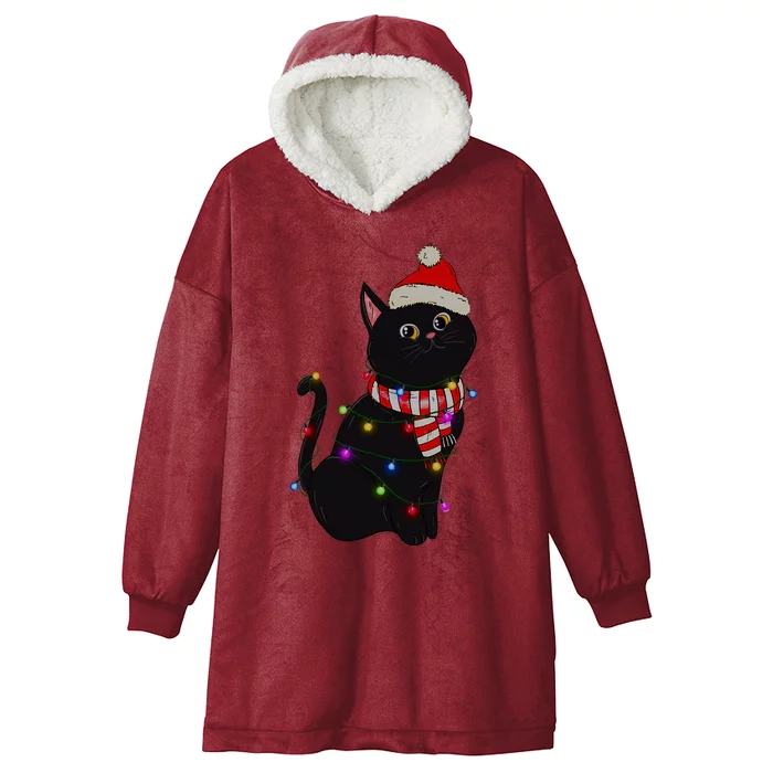 Black Cat christmas light funny cat lover christmas Hooded Wearable Blanket