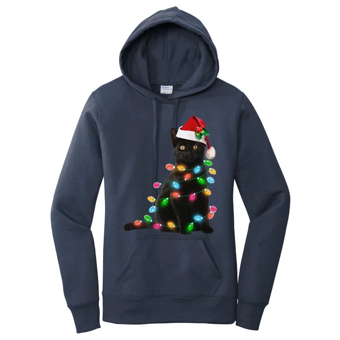 Black Cat Christmas Light Funny Cat Lover Christmas Women's Pullover Hoodie