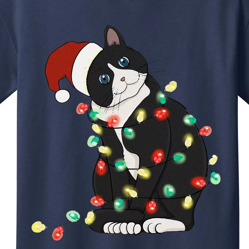 Black Cat Christmas Lights Cat Lover Funny Xmas Pajama Kids T-Shirt