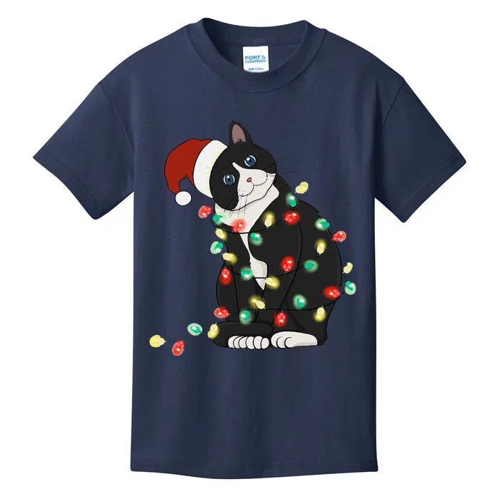 Black Cat Christmas Lights Cat Lover Funny Xmas Pajama Kids T-Shirt