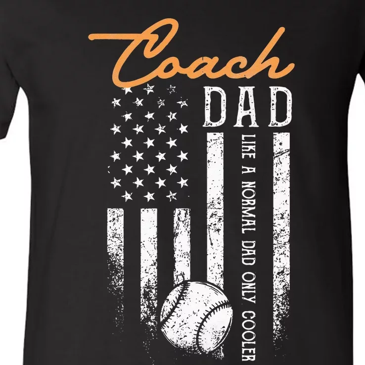 Baseball Coach Dad Like A Normal Dad Only Cooler USA Flag V-Neck T-Shirt