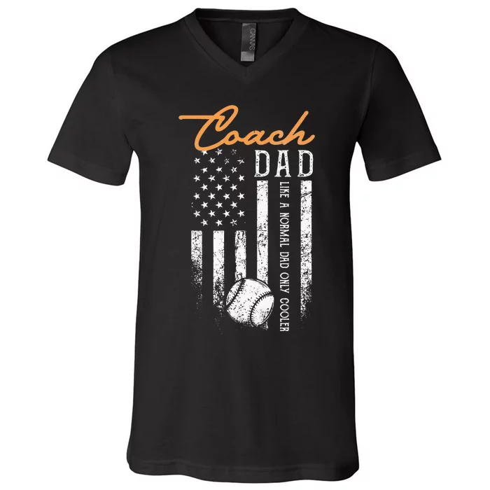 Baseball Coach Dad Like A Normal Dad Only Cooler USA Flag V-Neck T-Shirt