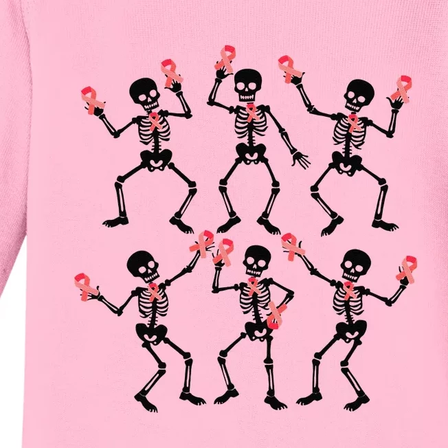 Breast Cancer Dancing Skeleton Pin.K Ribbon Halloween 2024 Baby Long Sleeve Bodysuit