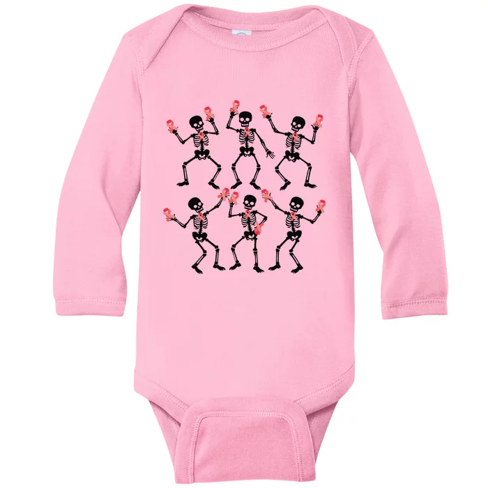 Breast Cancer Dancing Skeleton Pin.K Ribbon Halloween 2024 Baby Long Sleeve Bodysuit