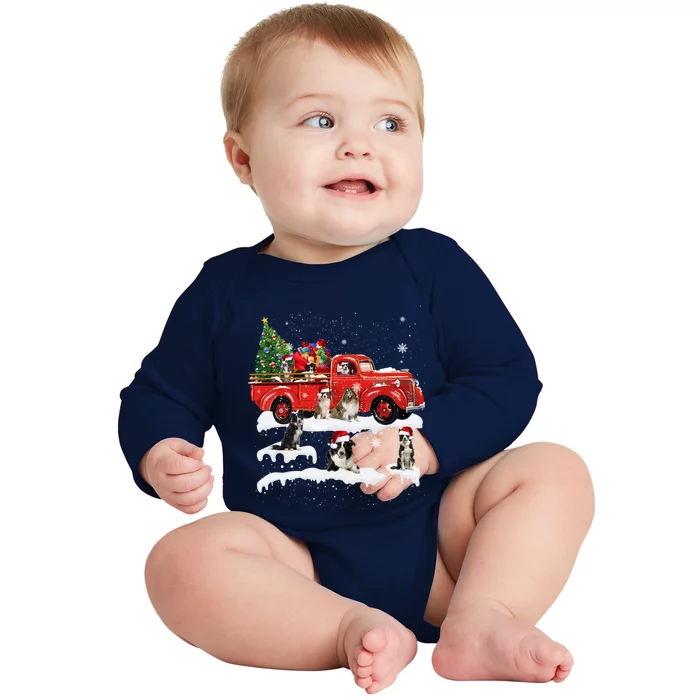 Border Collie Dog Driving Xmas Truck Christmas Tree Lights Gift Baby Long Sleeve Bodysuit