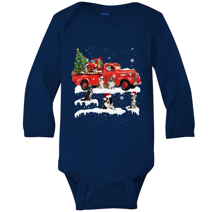 Border Collie Dog Driving Xmas Truck Christmas Tree Lights Gift Baby Long Sleeve Bodysuit