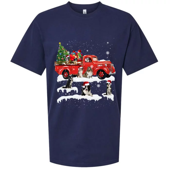 Border Collie Dog Driving Xmas Truck Christmas Tree Lights Gift Sueded Cloud Jersey T-Shirt