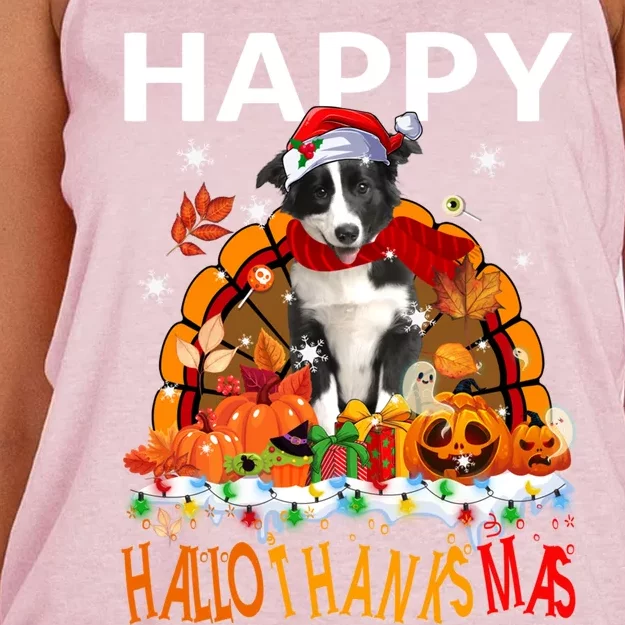 Border Collie Dog Halloween Thanksgiving Xmas Hallothanksmas Gift Women's Knotted Racerback Tank