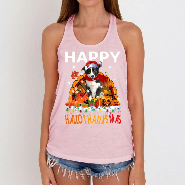 Border Collie Dog Halloween Thanksgiving Xmas Hallothanksmas Gift Women's Knotted Racerback Tank