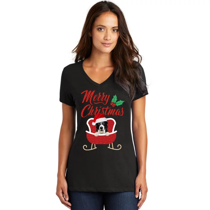 Border Collie Dog Merry Christmas Design For The Holiday Season! Women's V-Neck T-Shirt