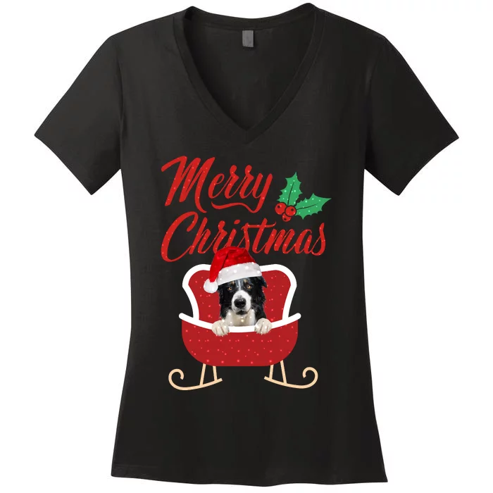 Border Collie Dog Merry Christmas Design For The Holiday Season! Women's V-Neck T-Shirt