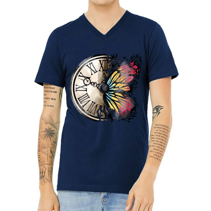 Butterfly Clock Design V-Neck T-Shirt