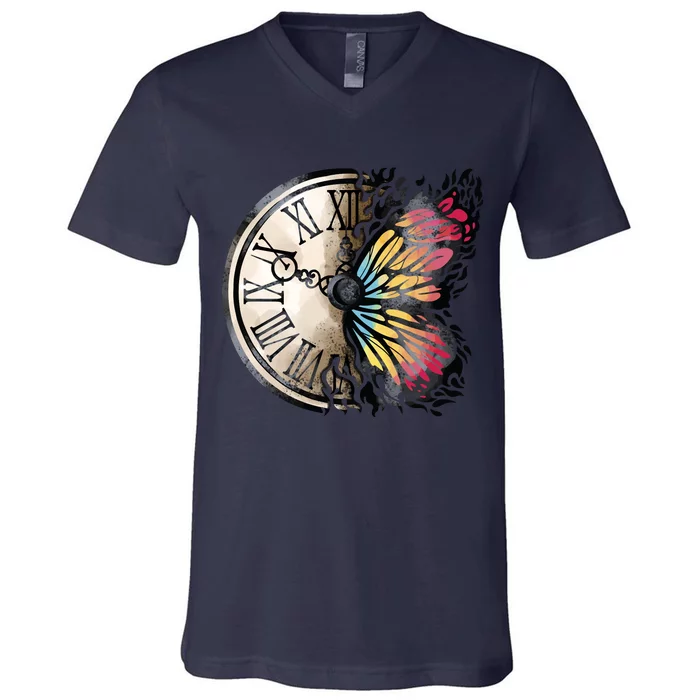 Butterfly Clock Design V-Neck T-Shirt