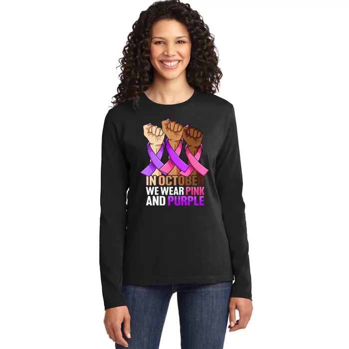 Breast Cancer Domestic Violence Awareness Pink Purple Ribbon Ladies Long Sleeve Shirt