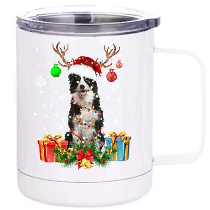 Border Collie Dog Tree Christmas Lights Ugly Xmas Sweater Gift Front & Back 12oz Stainless Steel Tumbler Cup