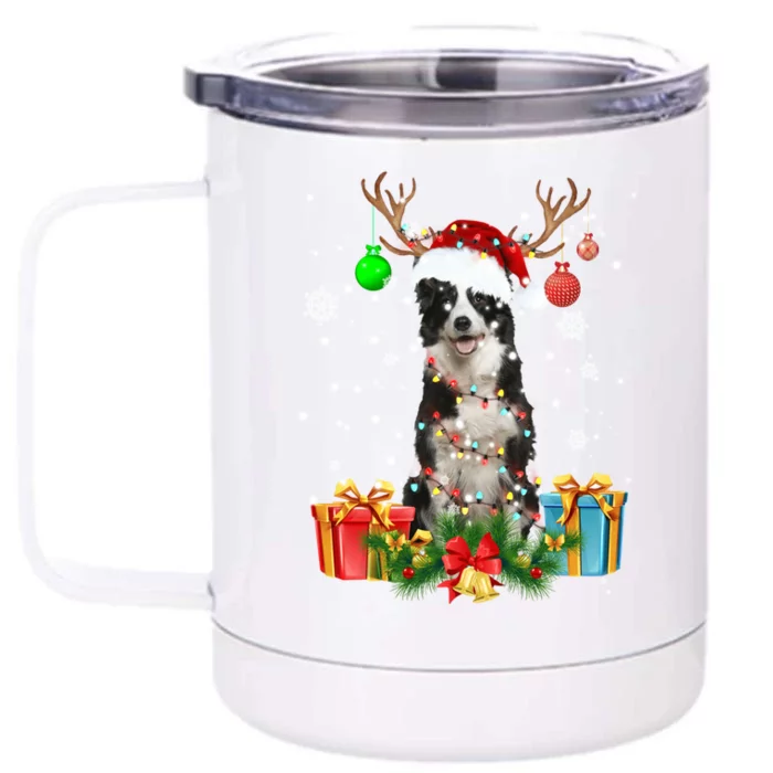 Border Collie Dog Tree Christmas Lights Ugly Xmas Sweater Gift Front & Back 12oz Stainless Steel Tumbler Cup