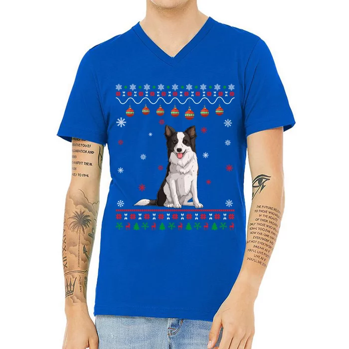 Border Collie Dog Ugly Xmas Design Matching Ugly Christmas Gift V-Neck T-Shirt