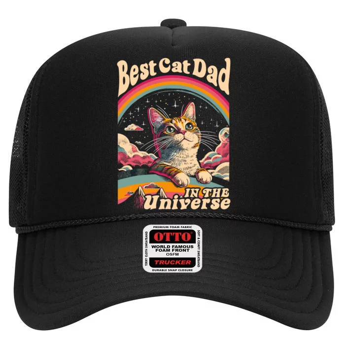 Best Cat Dad In The Universe 60s 70s Hippie Aesthetic High Crown Mesh Trucker Hat