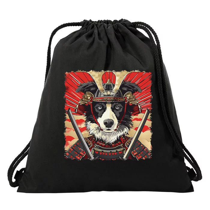 Border Collie Dog Japanese Art Samurai Ukiyo.E Vintage Drawstring Bag