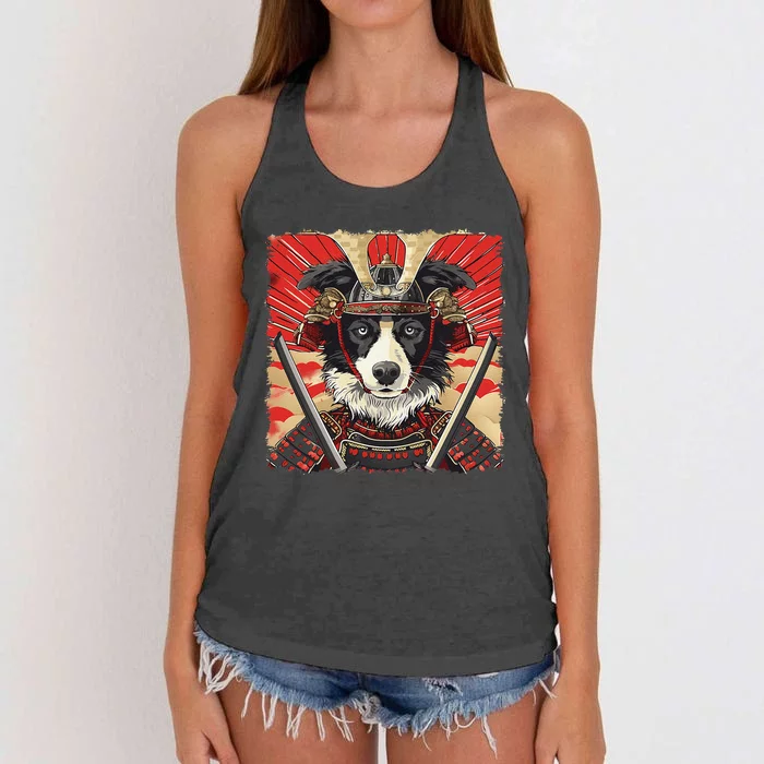 Border Collie Dog Japanese Art Samurai Ukiyo.E Vintage Women's Knotted Racerback Tank