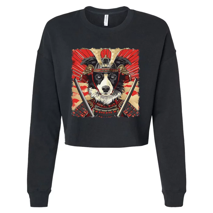 Border Collie Dog Japanese Art Samurai Ukiyo.E Vintage Cropped Pullover Crew