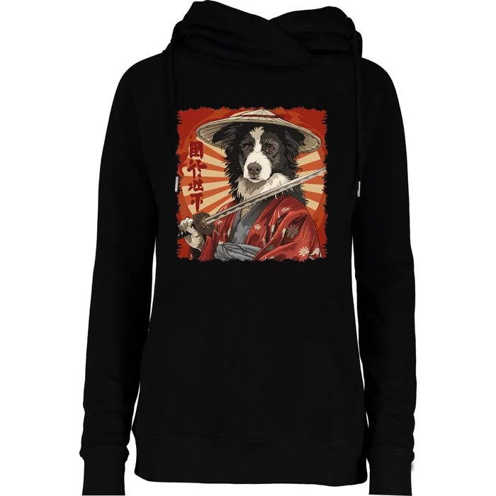 Border Collie Dog Japanese Art Samurai Ukiyo.E Vintage Womens Funnel Neck Pullover Hood