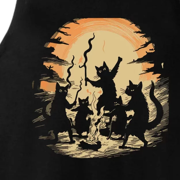 Black Cat Dance Around Bonfires Spooky Witchcraft Halloween Ladies Tri-Blend Wicking Tank