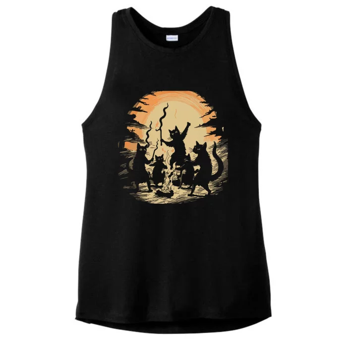 Black Cat Dance Around Bonfires Spooky Witchcraft Halloween Ladies Tri-Blend Wicking Tank