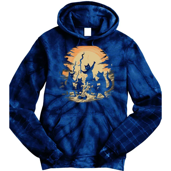 Black Cat Dance Around Bonfires Spooky Witchcraft Halloween Tie Dye Hoodie