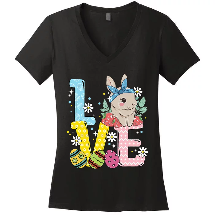 Bunny Colorful Easter Eggs Love Easter rabbit Women's V-Neck T-Shirt