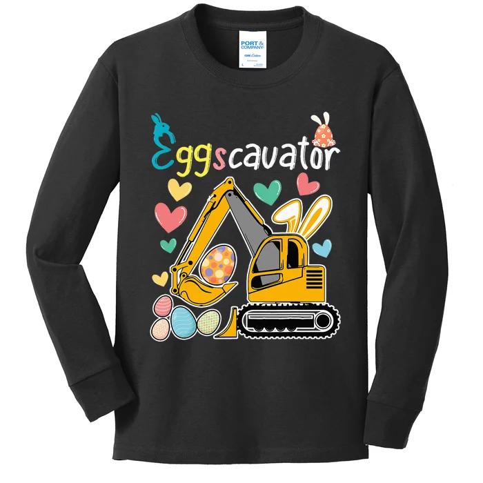 bunny Construction Excavator Easter Egg Kids Long Sleeve Shirt