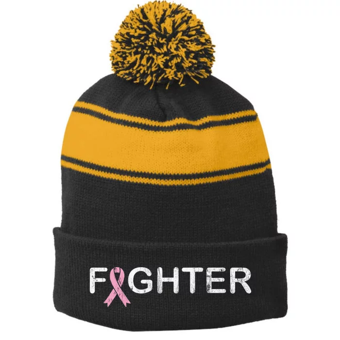 Breast Cancer Fighter World Cancer Day Pink Ribbon Stripe Pom Pom Beanie