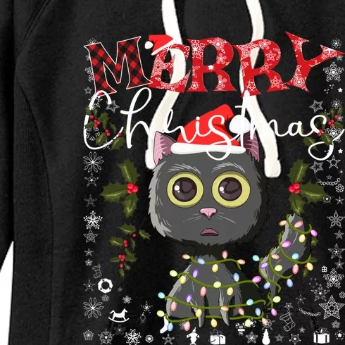 Black Cat Funny Xmas Light Kawaii Cat Lovers Merry Christmas Gift Women's Fleece Hoodie