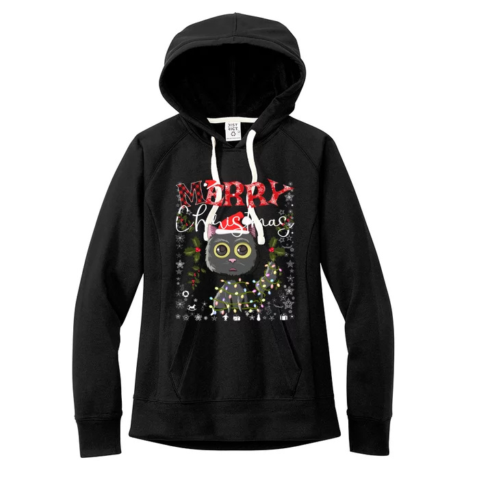 Black Cat Funny Xmas Light Kawaii Cat Lovers Merry Christmas Gift Women's Fleece Hoodie