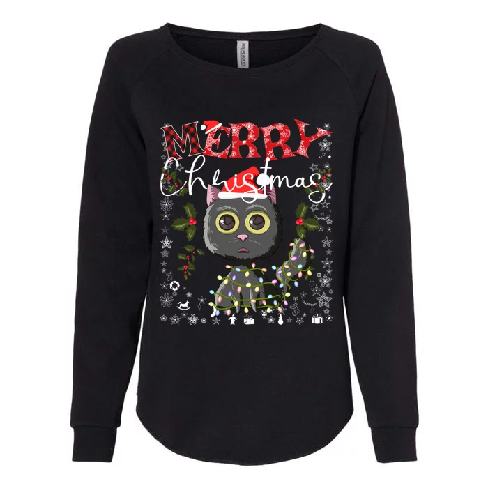 Black Cat Funny Xmas Light Kawaii Cat Lovers Merry Christmas Gift Womens California Wash Sweatshirt