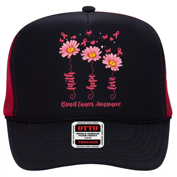 Breast Cancer Faith Hope Love Floral High Crown Mesh Trucker Hat