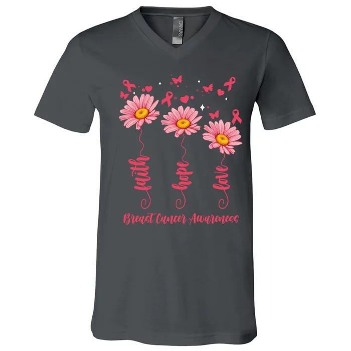 Breast Cancer Faith Hope Love Floral V-Neck T-Shirt