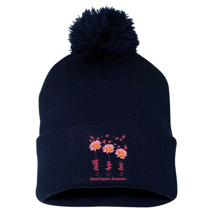 Breast Cancer Faith Hope Love Floral Pom Pom 12in Knit Beanie