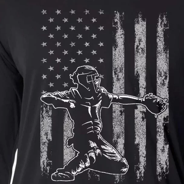 Baseball Catcher For Men Baseball USA Flag Cooling Performance Long Sleeve Crew