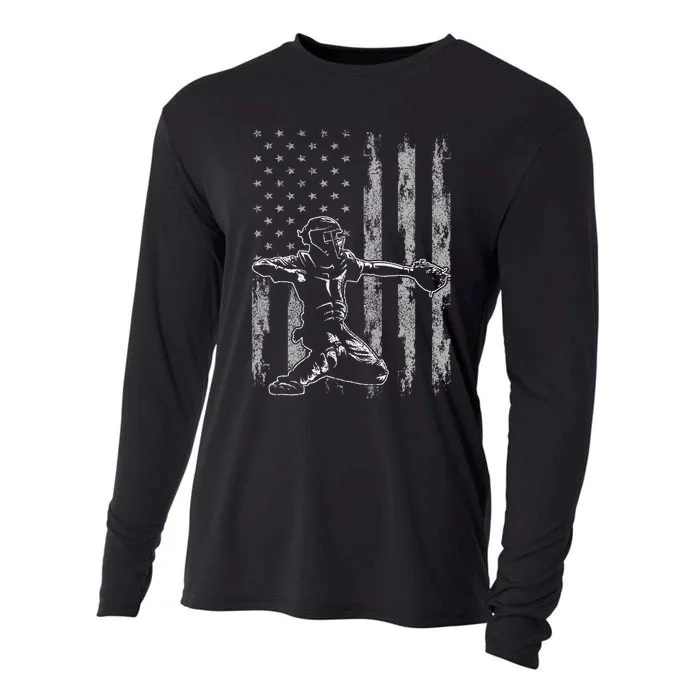 Baseball Catcher For Men Baseball USA Flag Cooling Performance Long Sleeve Crew