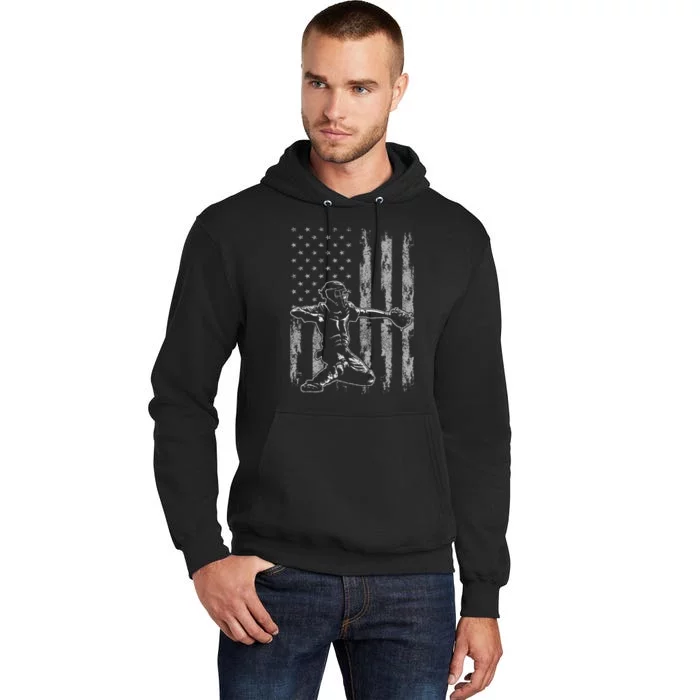 Baseball Catcher For Men Baseball USA Flag Tall Hoodie