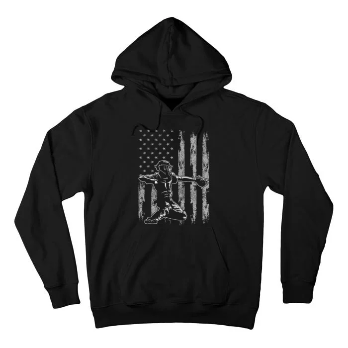 Baseball Catcher For Men Baseball USA Flag Tall Hoodie