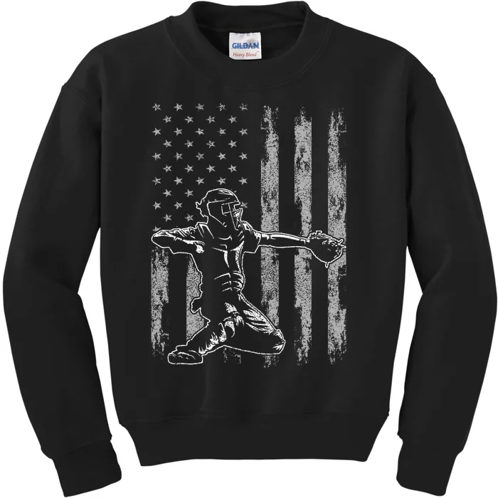 Baseball Catcher For Men Baseball USA Flag Kids Sweatshirt