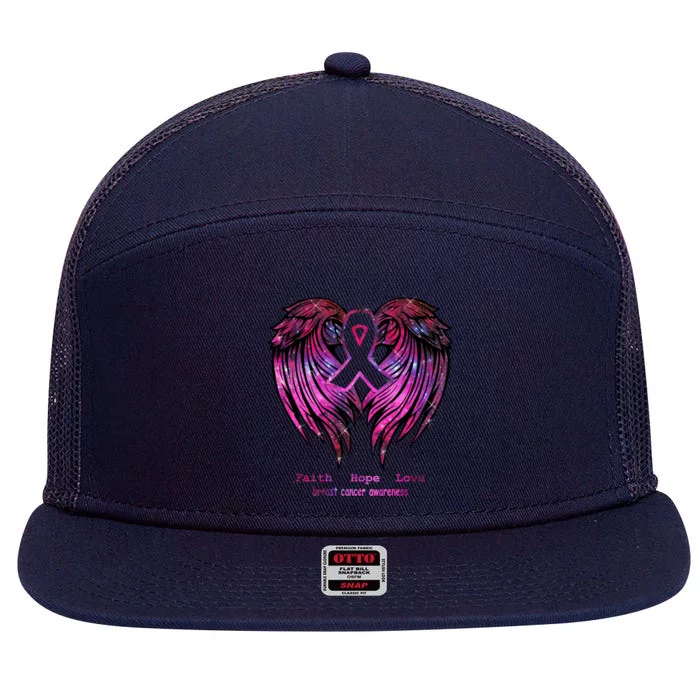 Breast Cancer Faith Hope Love Wings Great Gift Awareness (Back) Funny Gift 7 Panel Mesh Trucker Snapback Hat