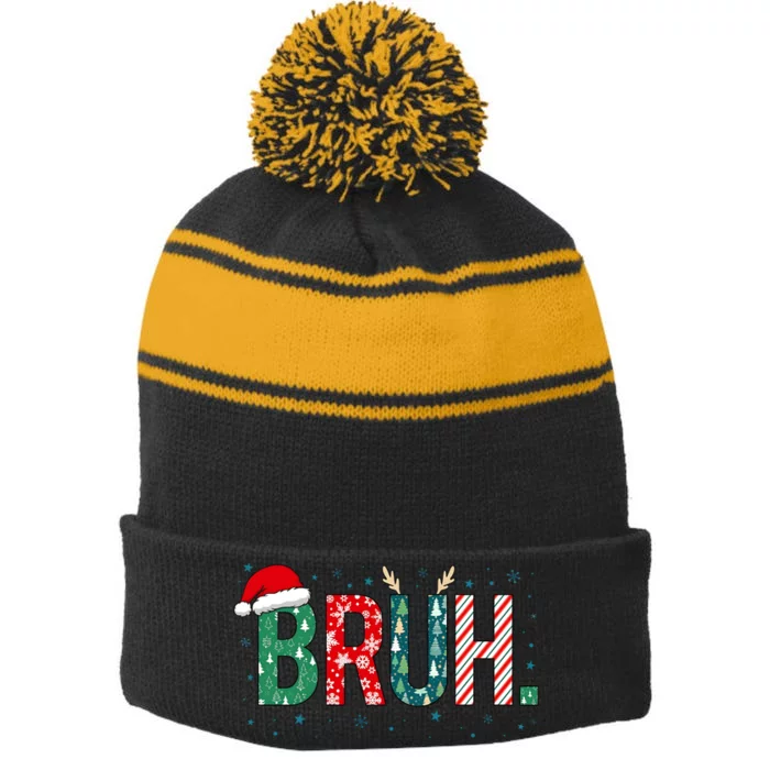 Bruh Christmas For Him Her Mom Dad Brother Sister Teenager Stripe Pom Pom Beanie