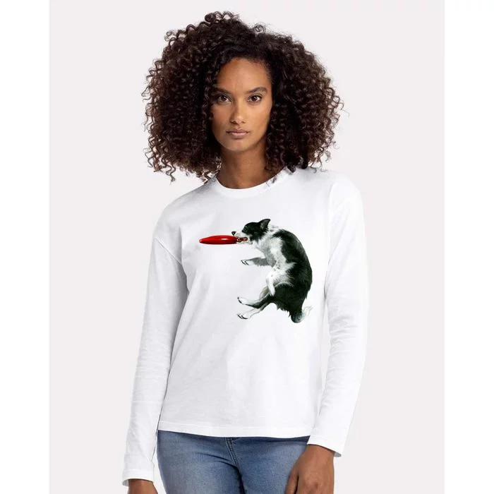 Border Collie Frisbee Graphic Sheepdog Print Gift Womens Cotton Relaxed Long Sleeve T-Shirt