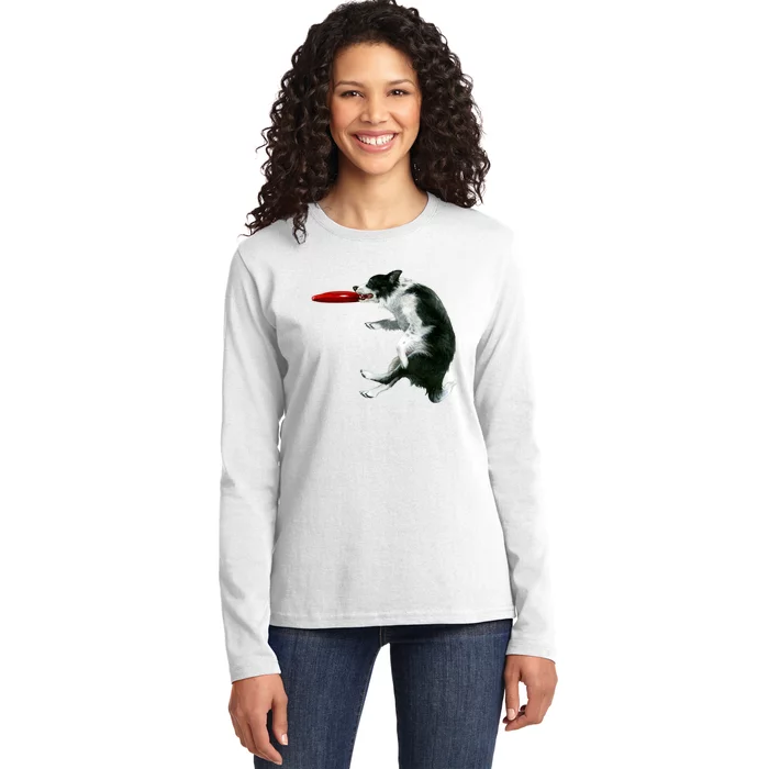 Border Collie Frisbee Graphic Sheepdog Print Gift Ladies Long Sleeve Shirt