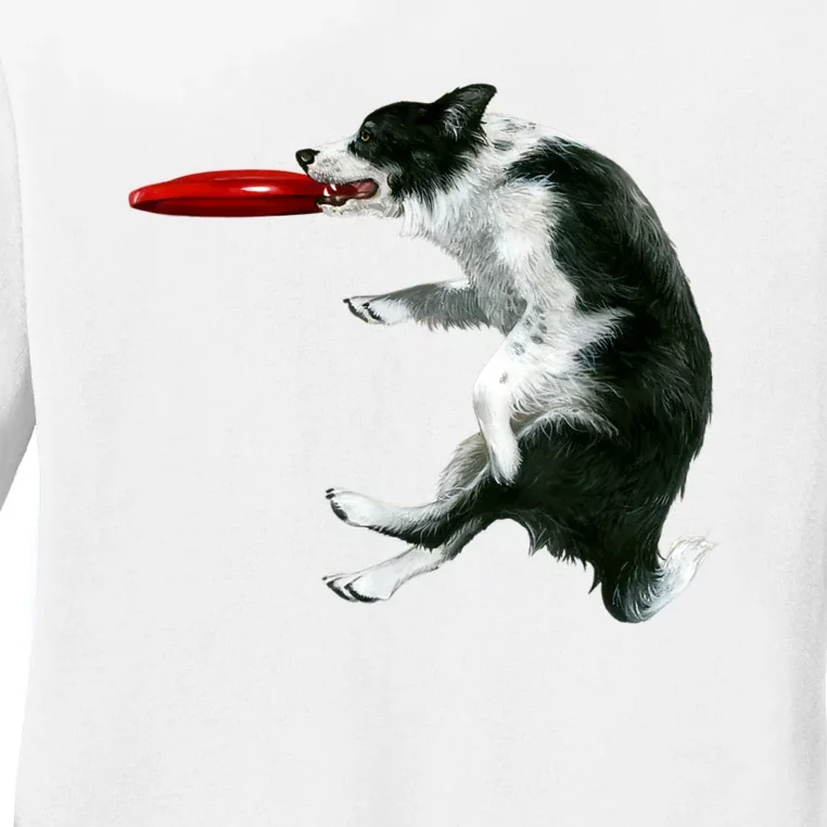 Border Collie Frisbee Graphic Sheepdog Print Gift Ladies Long Sleeve Shirt