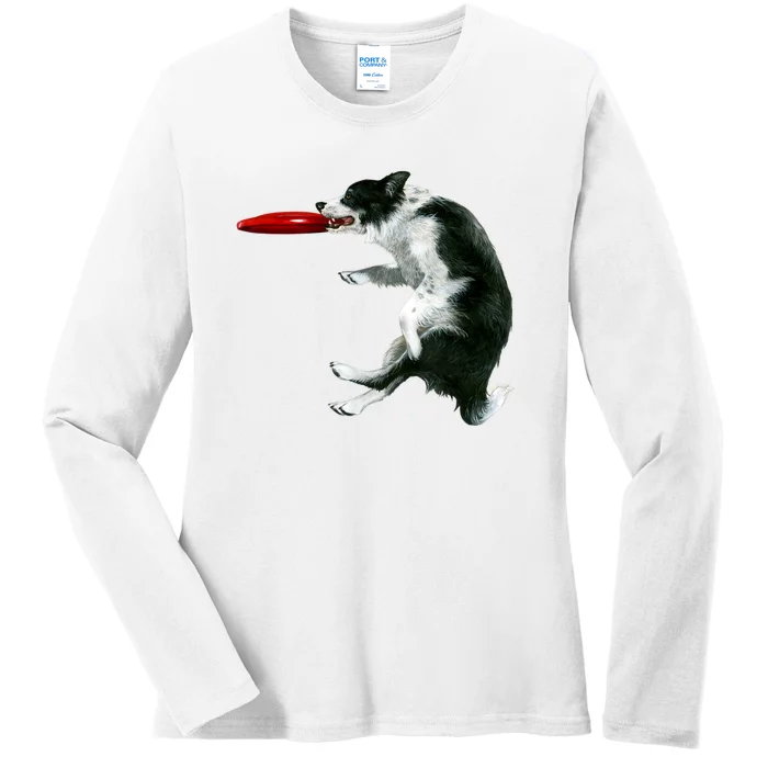 Border Collie Frisbee Graphic Sheepdog Print Gift Ladies Long Sleeve Shirt