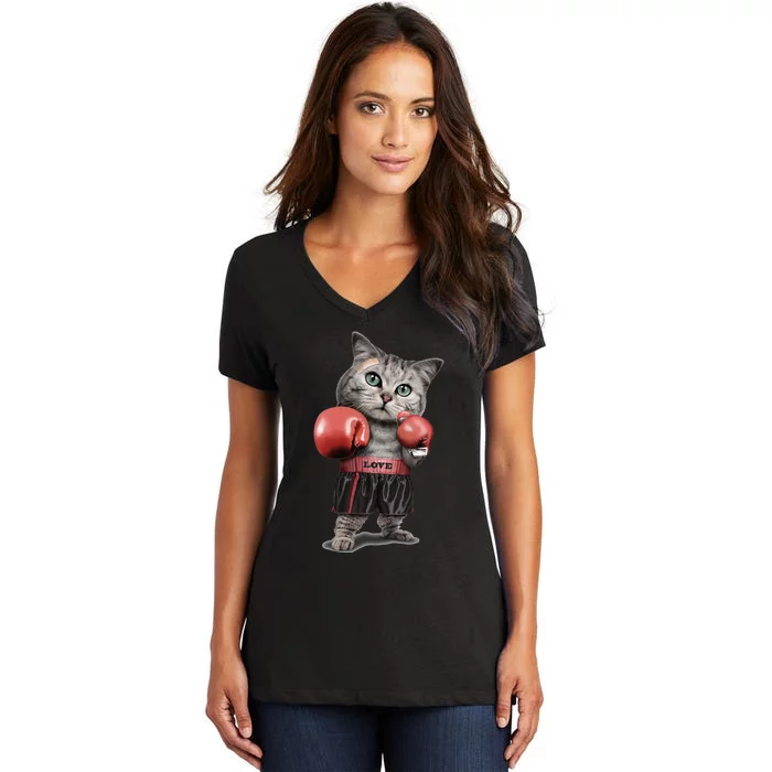 BOXING CAT Funny Women's V-Neck T-Shirt